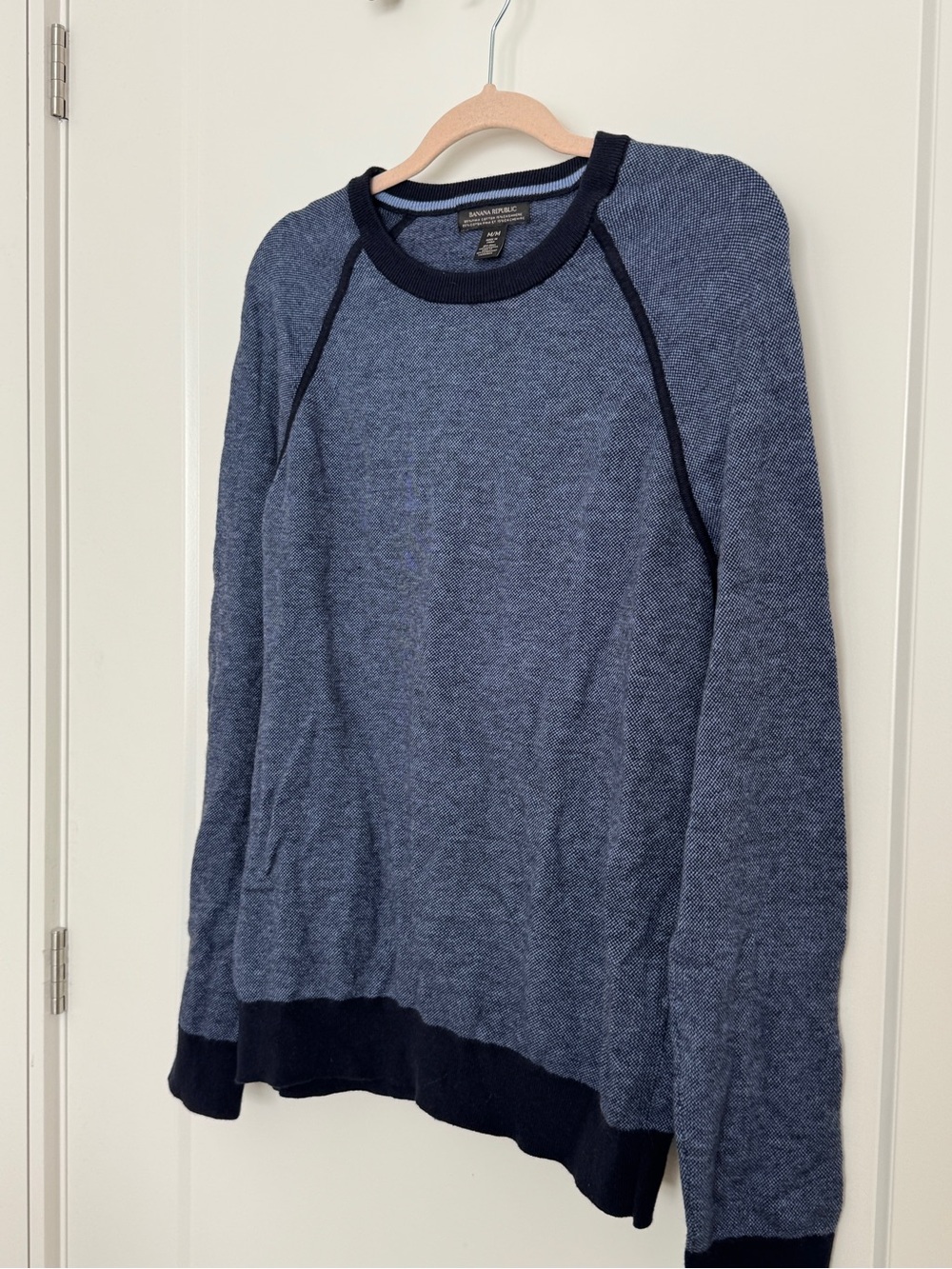 Banana Republic Men's Heathered Blue Crewneck Sweater with Navy Trim